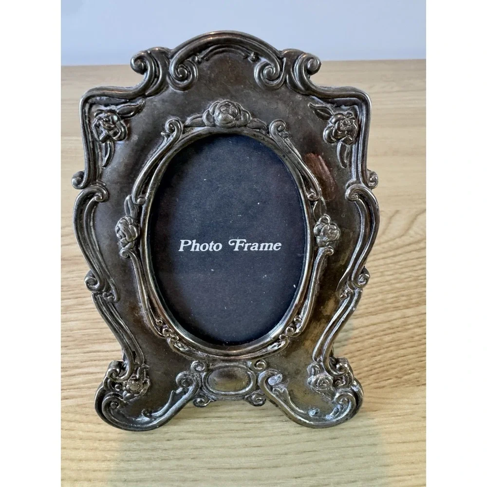 Ornate Silver Tone Oval Photo Frame Roses Floral Scroll Easel Back Victorian